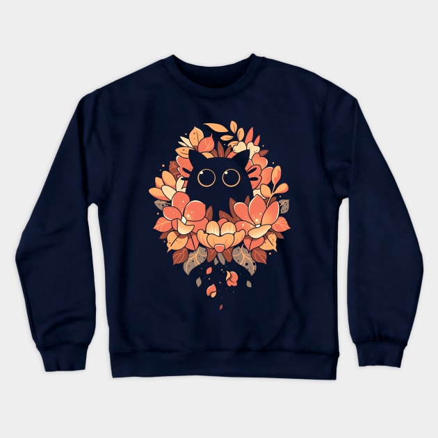 Feline Spy - cute floral black cat Crewneck Sweatshirt by Snouleaf